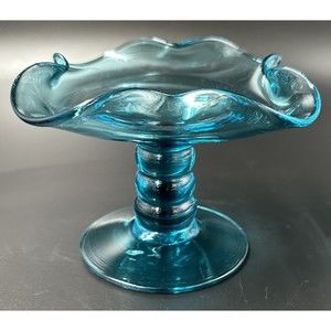 Mid Century Hand Blown Teal Blue Art Glass Pedestal Dish Glass Candy Dish